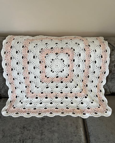 White & Peach Square Baby Blanket, Baby Girl Gift, Hand Crocheted, Newborn Gift