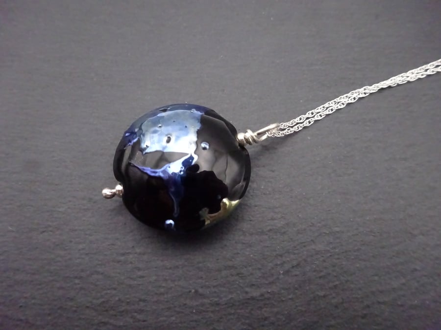 sterling silver chain, lampwork glass pendant black and silver shards