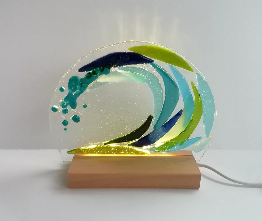 Crashing wave illuminated light, fused glass art panel, led backlit blue glass, 
