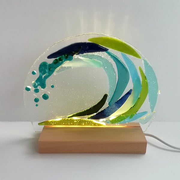 Crashing wave illuminated light, fused glass art panel, led backlit blue glass, 