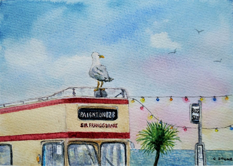 Original watercolour "Hitching a Ride" seagull on top deck of open top bus Devon