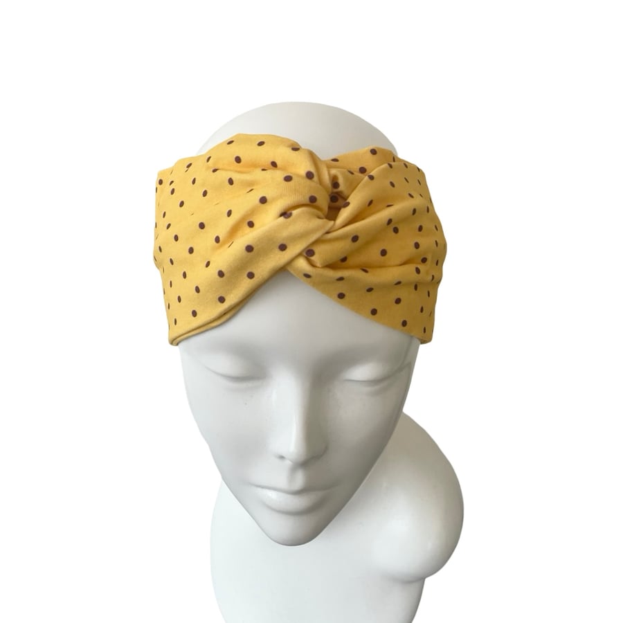 Yellow Dotted Twist Headband for Women, Wide Adult Turban Head Wrap Hairband