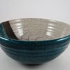 Raku Ceramic Bowl in Cream and Shades of Blue to Emerald Green - Handmade