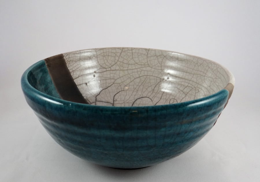Raku Ceramic Bowl in Cream and Shades of Blue to Emerald Green - Handmade