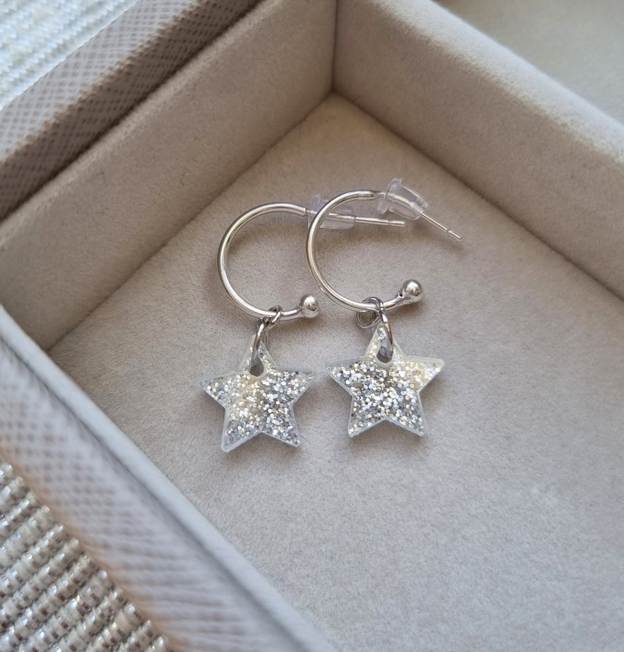 Silver Glitter Encrusted Resin Star Half Hoop Earrings - Christmas Collection