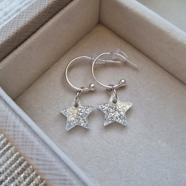 Silver Glitter Encrusted Resin Star Half Hoop Earrings - Christmas Collection