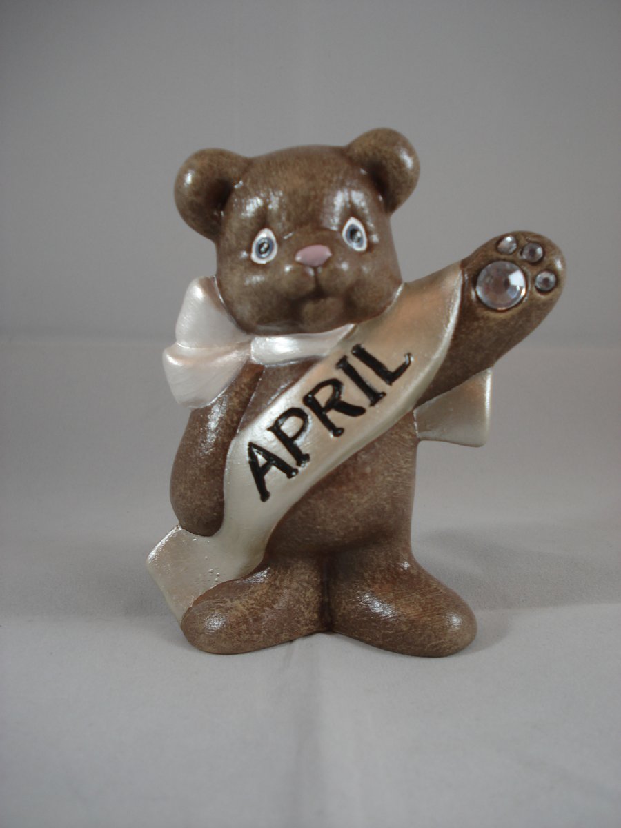 Ceramic Hand Painted April Birthstone Bear Animal Figurine Keepsake Ornament.