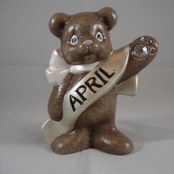 Ceramic Hand Painted April Birthstone Bear Animal Figurine Keepsake Ornament.