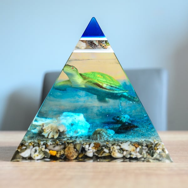 Large Ocean Floor Resin Pyramid Ornament With Natural Shells, Pebbles, Turtle.