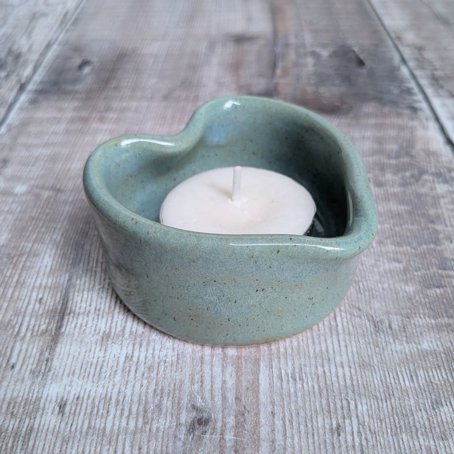 Speckled turquoise ceramic heart tealight holder 