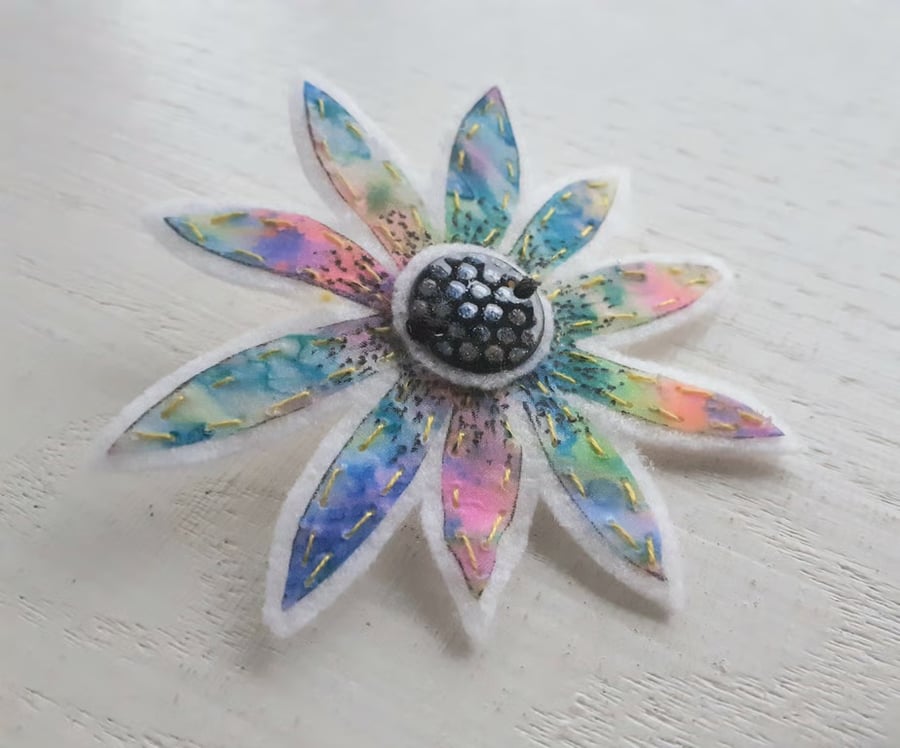 Daisy Flower Brooch in Hand-painted Silk with Enamelled Copper Centre
