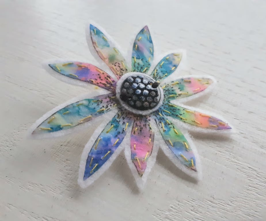 Daisy Flower Brooch in Hand-painted Silk with Enamelled Copper Centre
