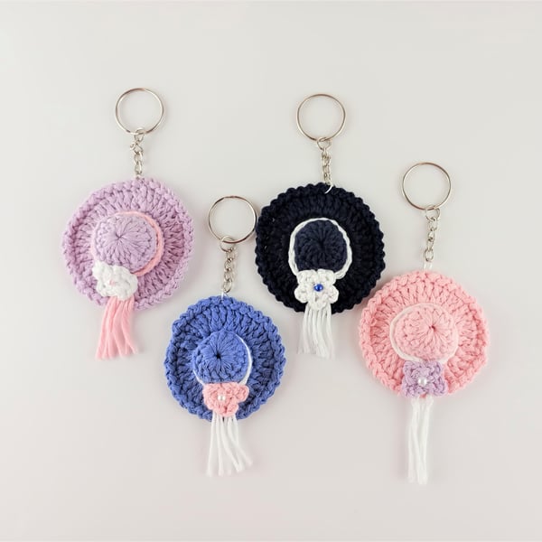 Hat Keyring - crochet hat, band adorned with a flower and coordinating bead