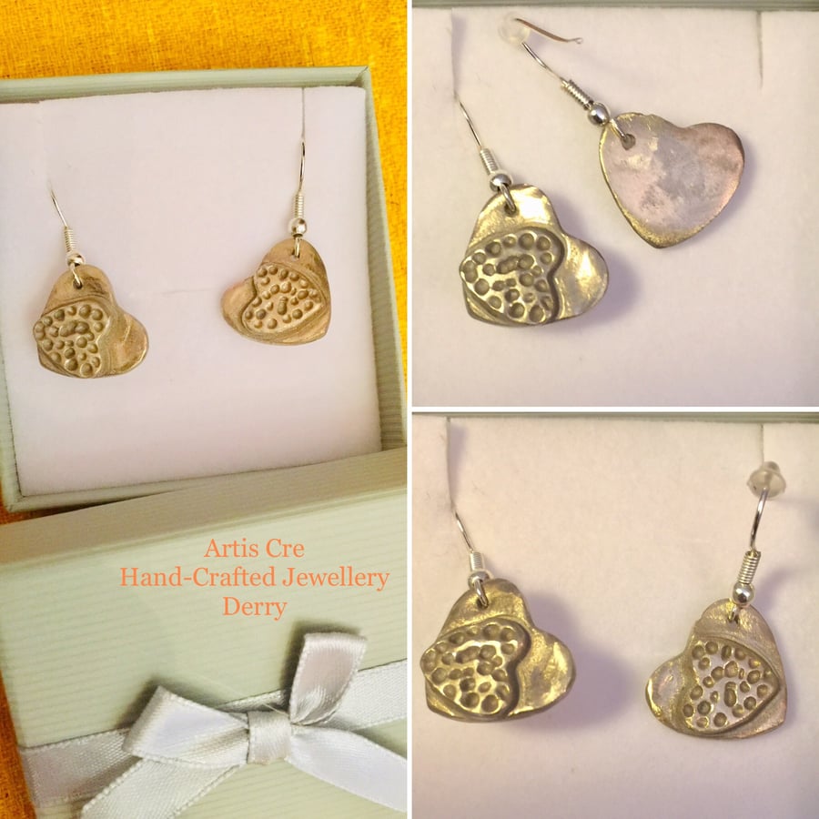 Handcrafted in sterling white bronze earrings heart shape on 925 silver wires