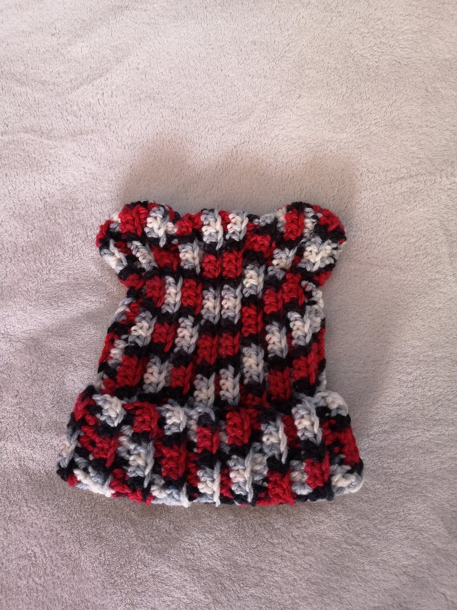 Red, white and black cat eared, crochet child's hat 