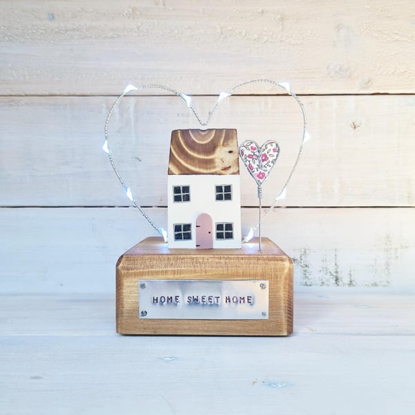 Wooden House with Fairy lights and Heart Hone Gift Pink Floral