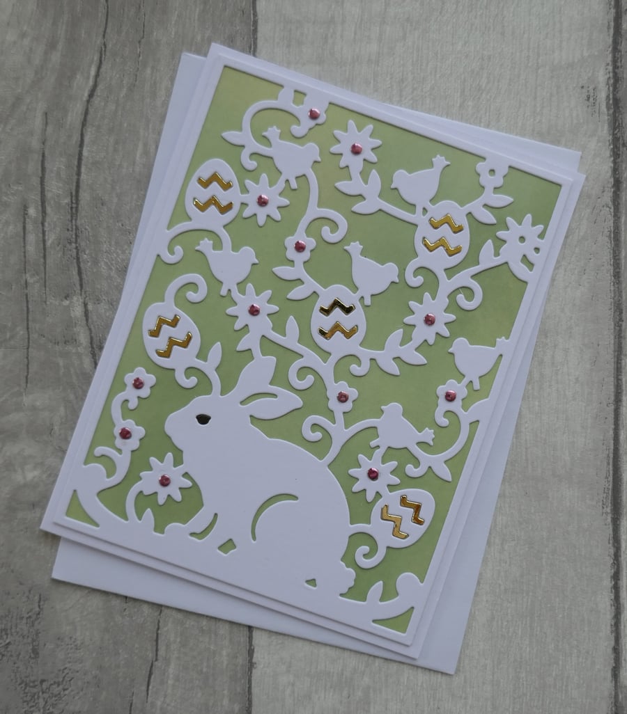 Rabbit with Easter Eggs, Flowers and Birds - Easter Card