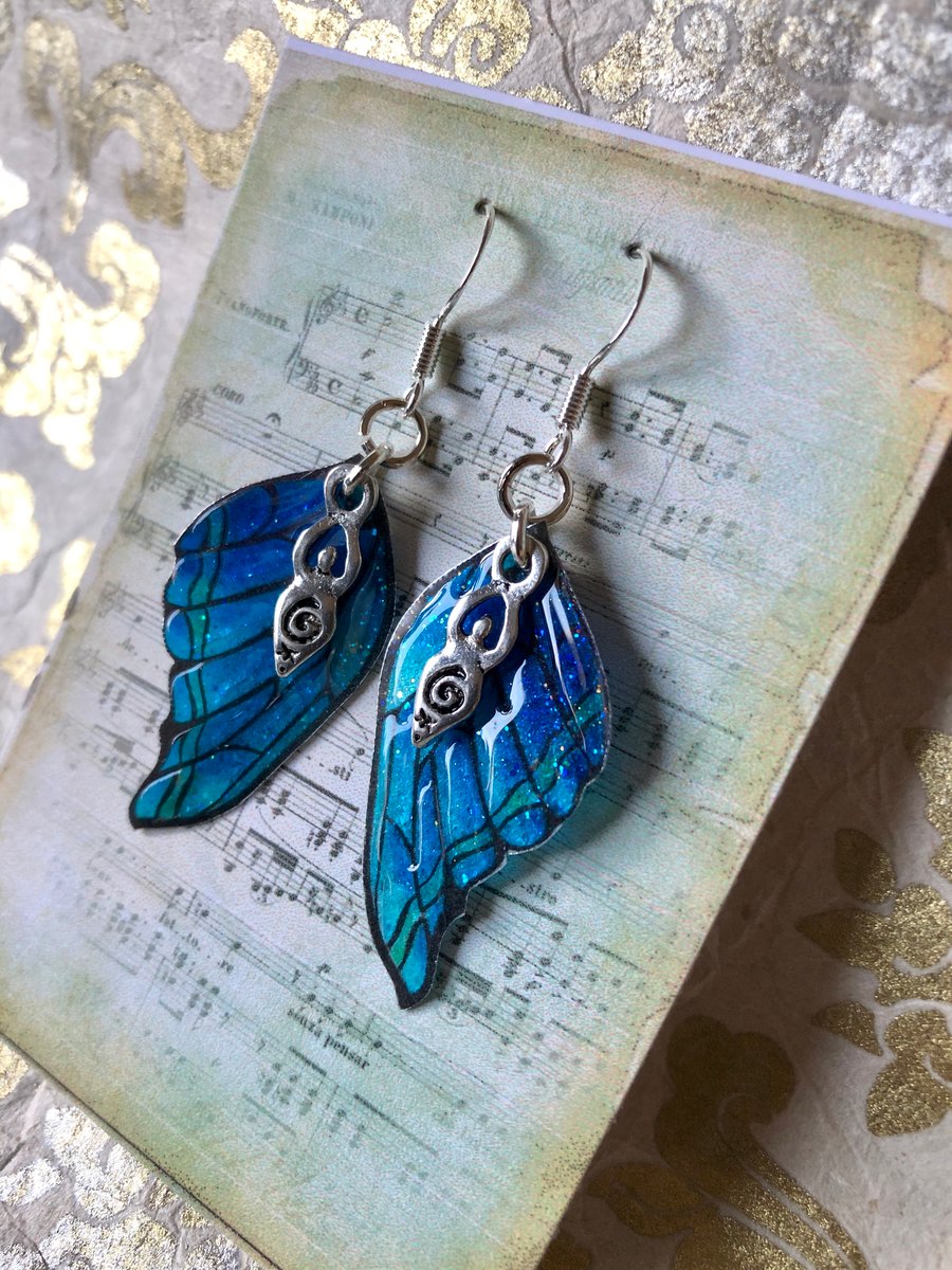 Blue and Green Goddess Fairy Wing Sterling Silver Earrings