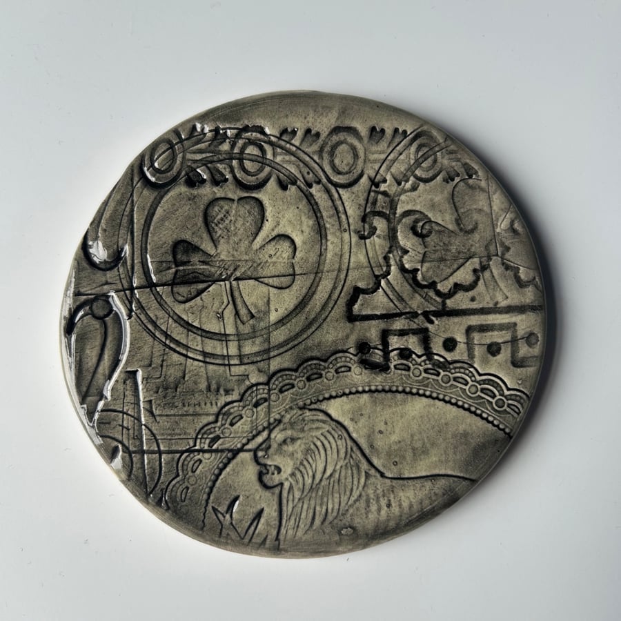 Textured Ceramic Plaque: Lion and Clover