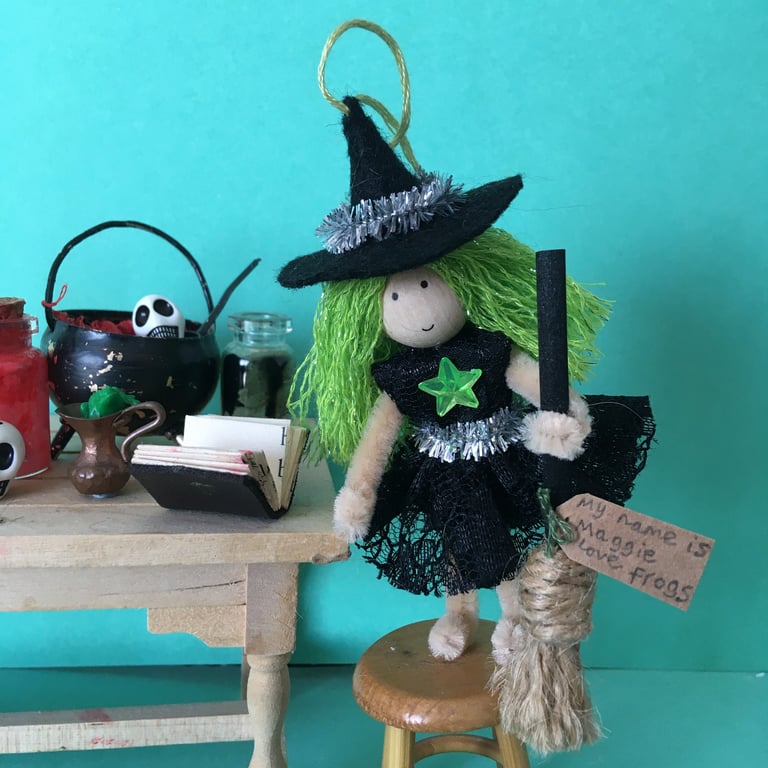 Bright Green Witch Doll Hanging Decoration, Witchy Gifts, Halloween Decoration