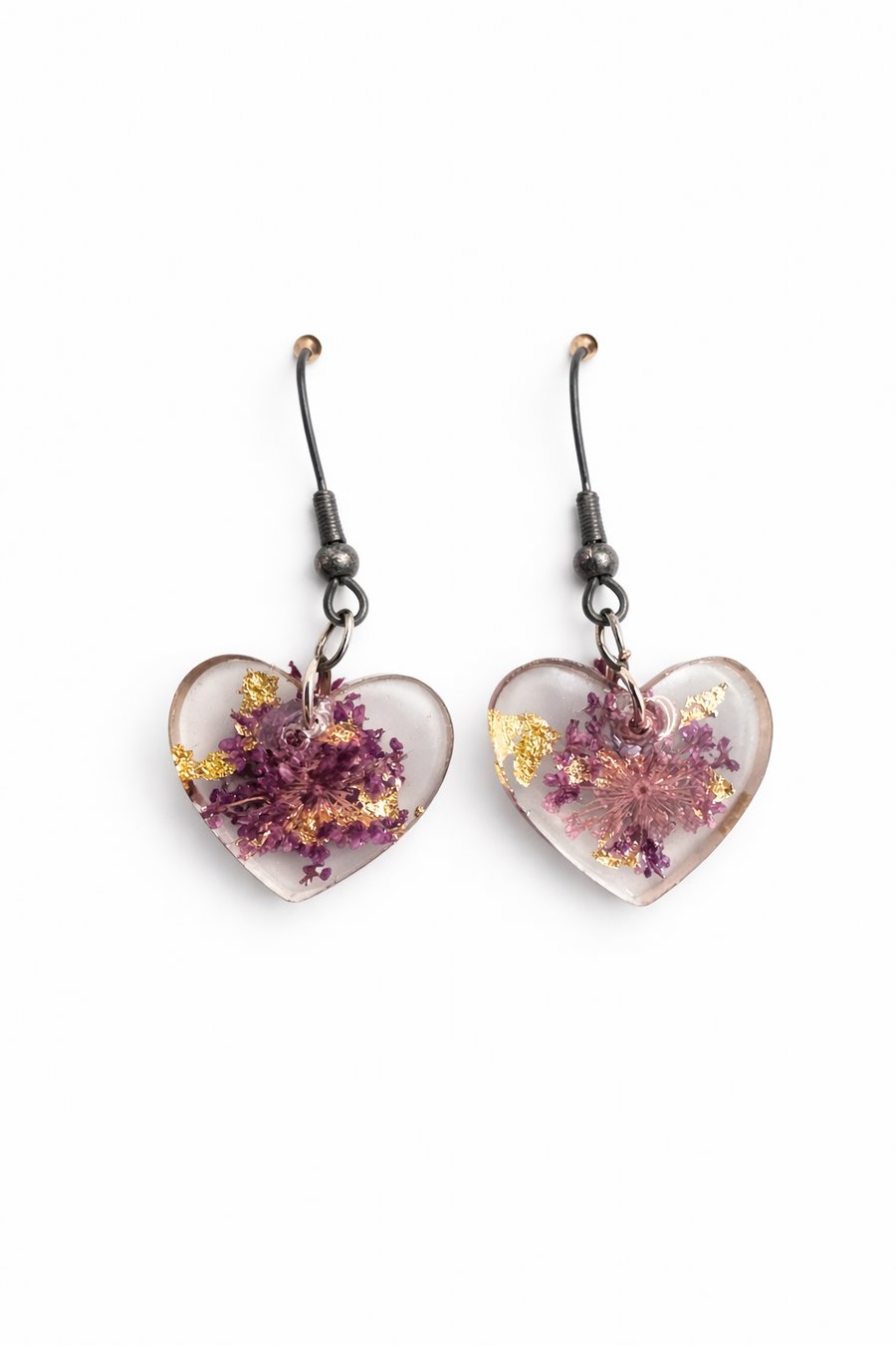 Purple Flower Heart Resin Earrings with Gold Leaf – Lightweight Dangles
