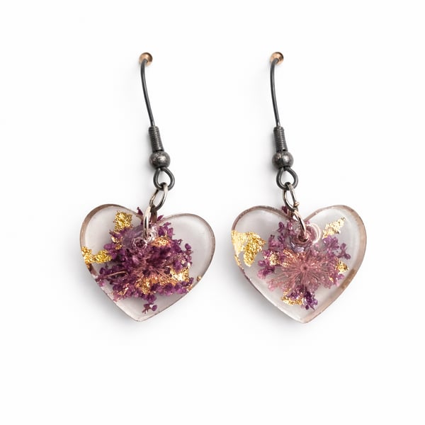 Purple Flower Heart Resin Earrings with Gold Leaf – Lightweight Dangles