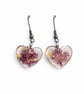 Purple Flower Heart Resin Earrings with Gold Leaf – Lightweight Dangles