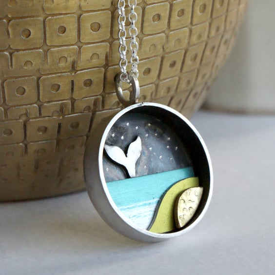Whale and the sea shadow box necklace