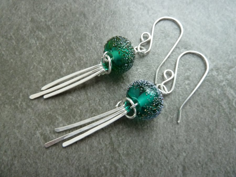 sterling silver earrings, teal lampwork glass