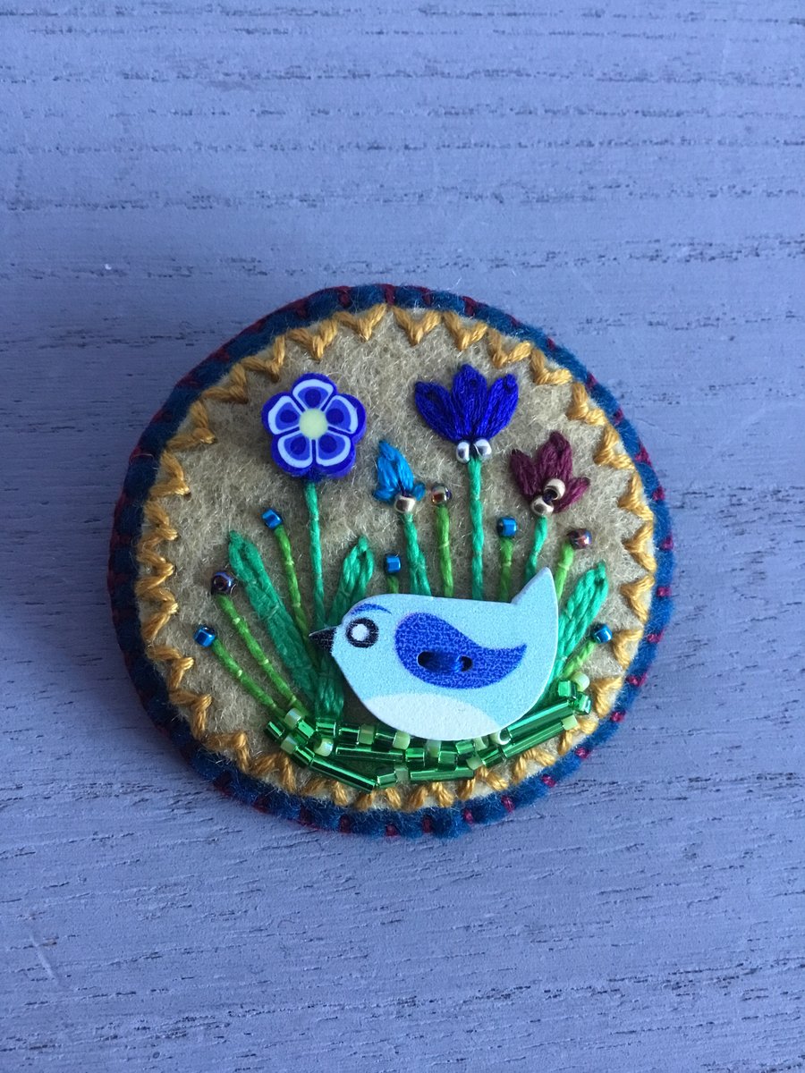 Hand Embroidered Blue Bird Brooch