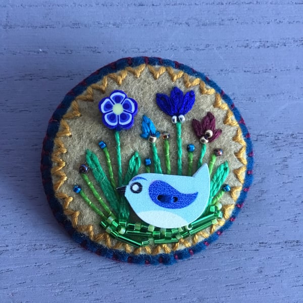 Hand Embroidered Blue Bird Brooch