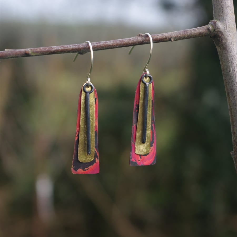 Copper , Brass and Oxidised Silver Dangle Earrings