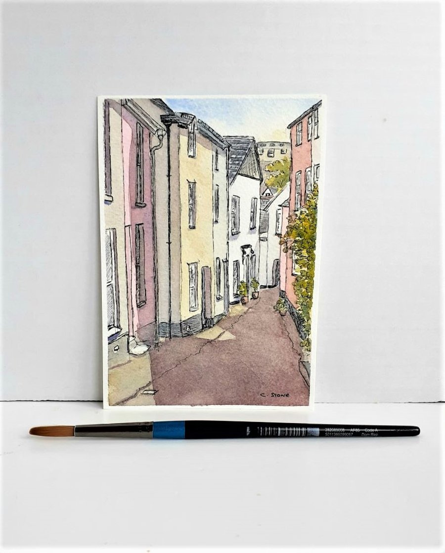 Small watercolour painting of Kingsand Cornwall pen and wash