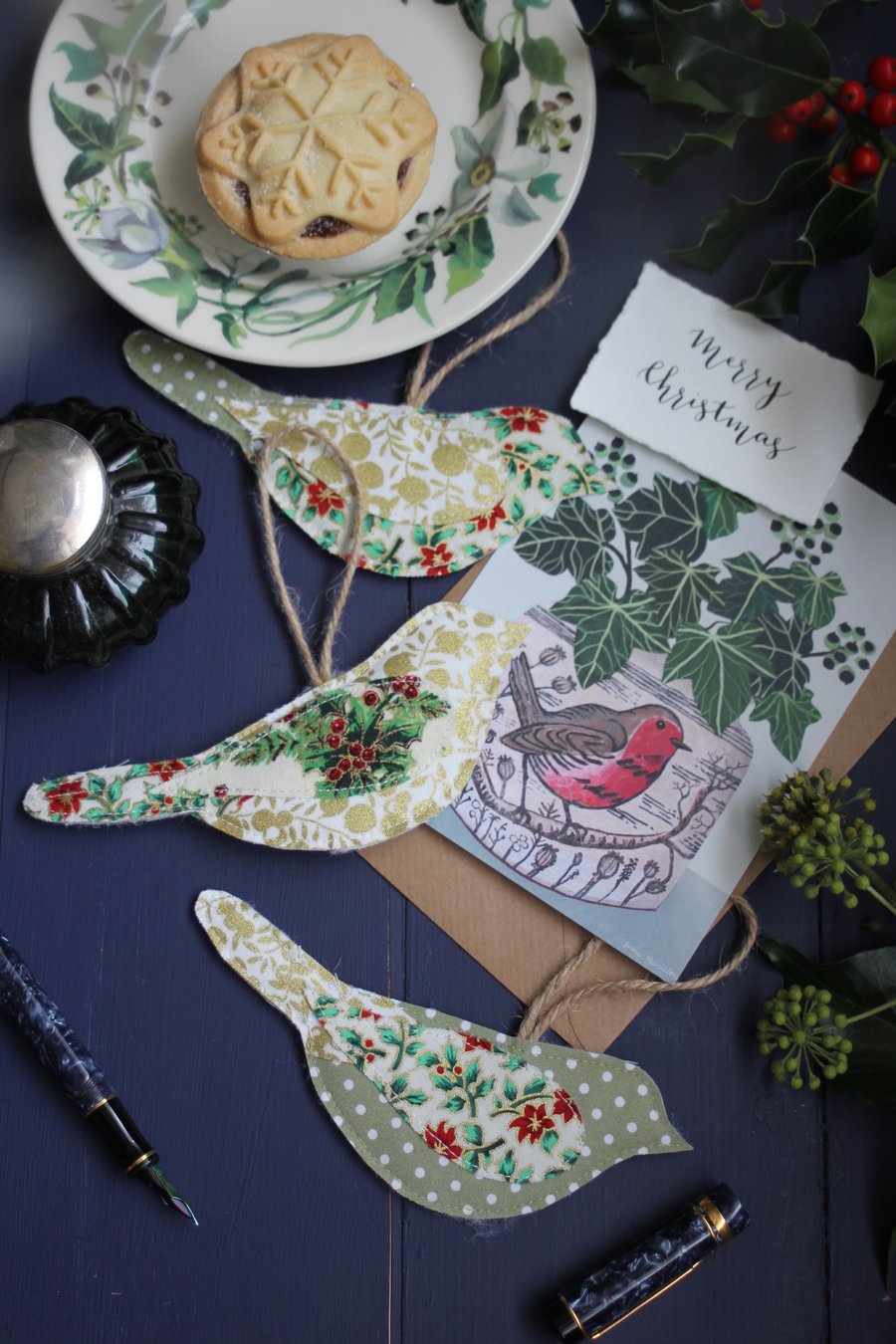 Green and gold fabric hanging bird trio decorations