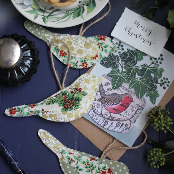Green and gold fabric hanging bird trio decorations
