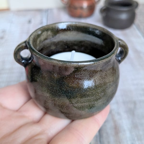 Perfectly imperfect Small ceramic cauldron tealight, shiny