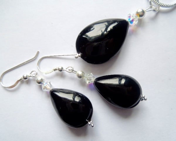 Black Murano glass pendant and earring set with Swarovski and sterling silver.
