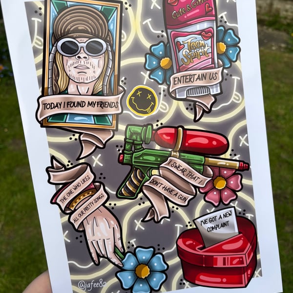 Nirvana Full Colour New School Tattoo Flash Print