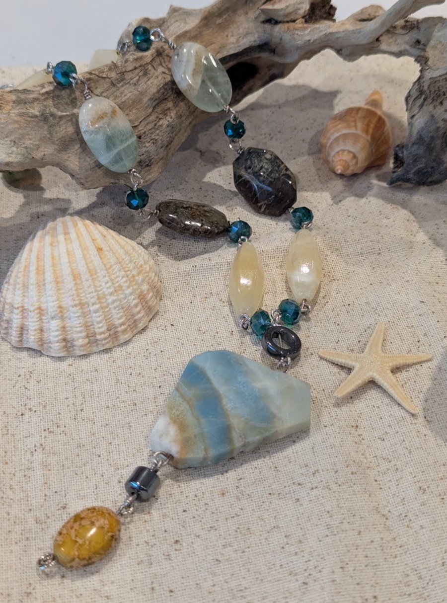Amazonite, Flourite with Quartz & Jasper Sterling Silver Necklace