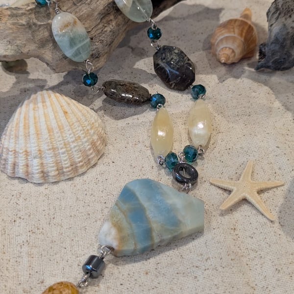Amazonite, Flourite with Quartz & Jasper Sterling Silver Necklace