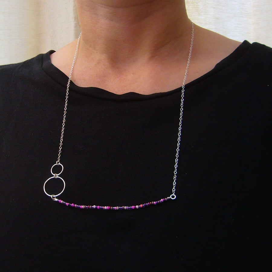 Silver & purple bead necklace, silver ring necklace