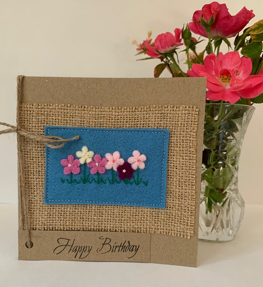 Handmade Birthday card. Pink and cream flowers from wool felt. Keepsake card.