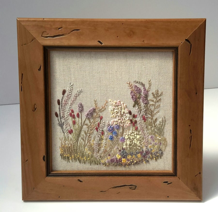 SOLD (Reserved for Christine) Country Garden Hand Embroidery, Hand sewn picture