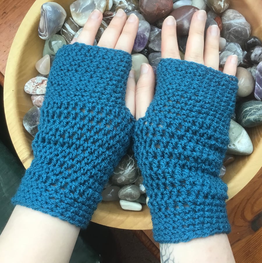 Alpine! Blue Green Crocheted Fingerless Mittens or Wrist Warmers.