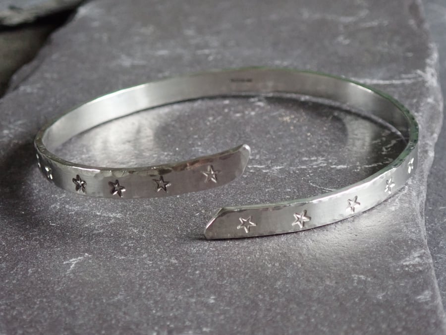 Star Bangle, Recycled Sterling Silver, Hand Stamped