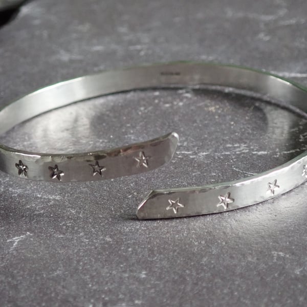 Star Bangle, Recycled Sterling Silver, Hand Stamped