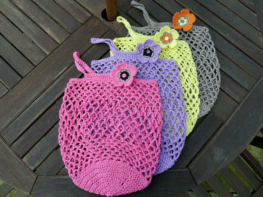 Pink Ethical Crochet Shopping Bag, Reusable Market Bag