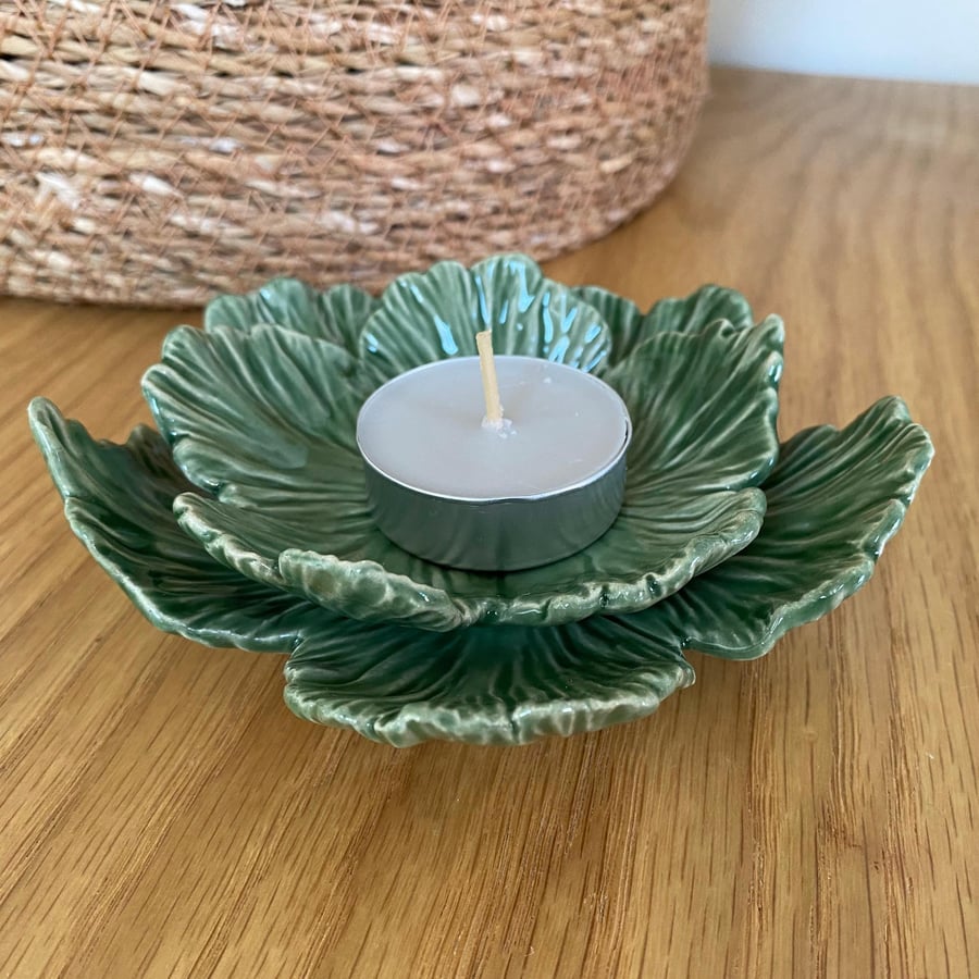 Large Green Flower Candle Trinket Dish - Candle Dish - Trinket Dish - Ring Dish
