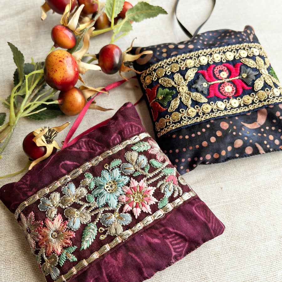 Two pretty handmade batik lavender bags with embroidered trim, gift for nan