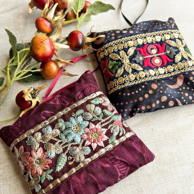 Two pretty handmade batik lavender bags with embroidered trim, gift for nan